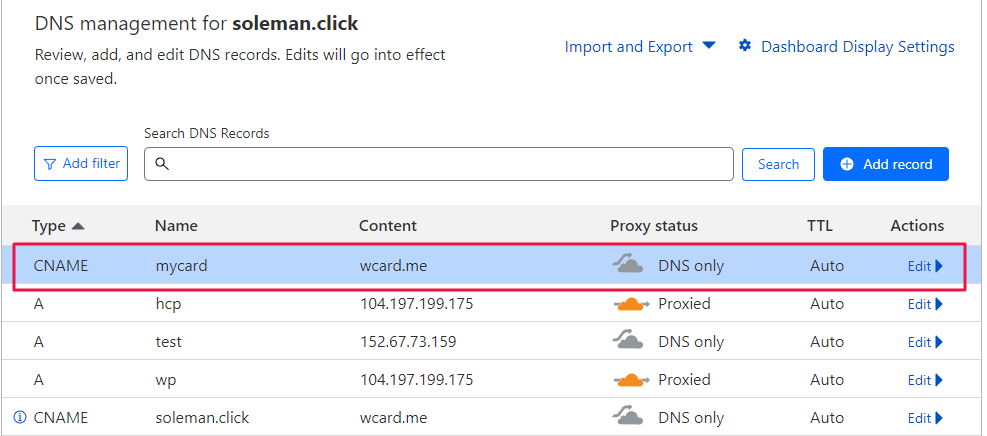 Image highlighting the saved DNS records in the CLoudflare for subdomain